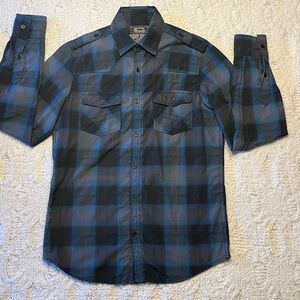 Broken Threads 1975 men’s dark blue plaid shirt. Small